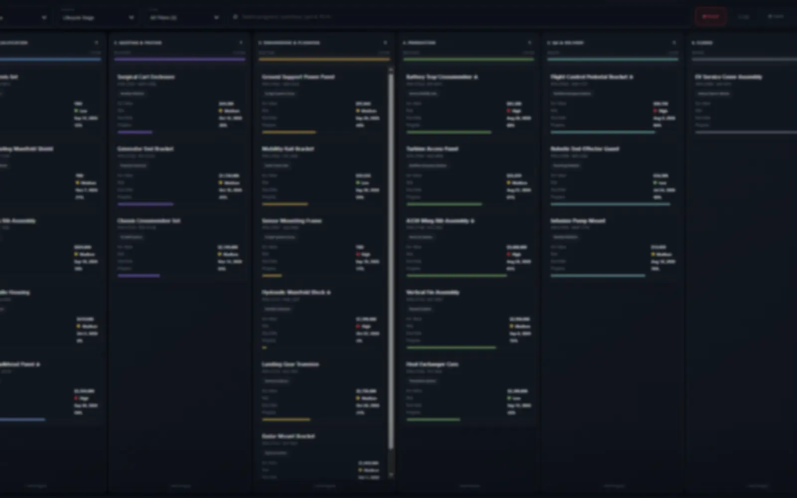 Soft-focus PCC Command Center board showing program work by lifecycle stage